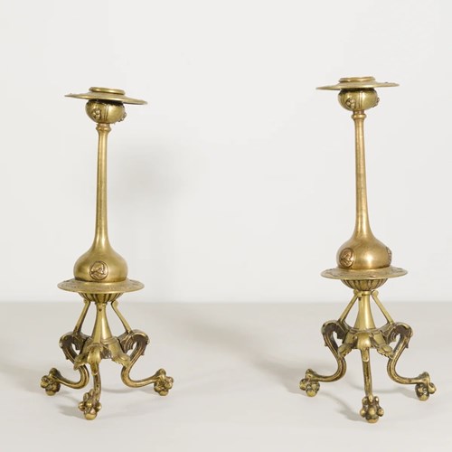 Pair Of Gothic Influenced Art Nouveau Brass Candlesticks