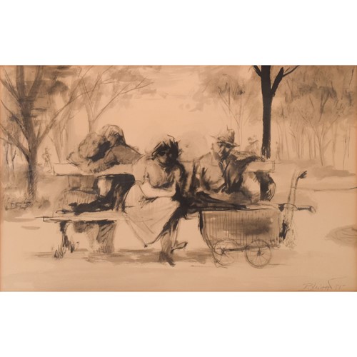 Pedro Leitao - Watercolour Figures On Bench