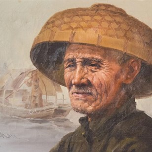 Elderly Fisherman In Straw Hat By S...