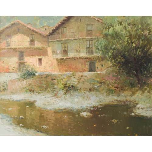 Impressionist Painting With River And Chalets