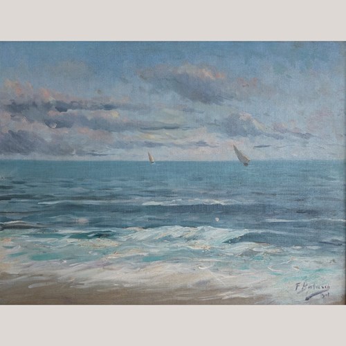 Impressionist Seascape With Sailboats – Oil On Canvas, Signed