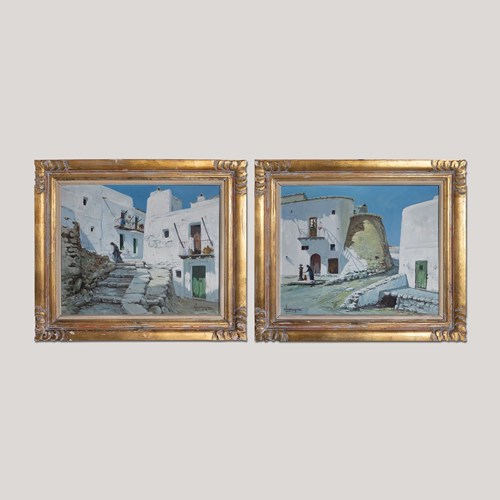 Ibizan Village Scenes – Pair Of Original Oil Paintings By Miquel Tort Masgrau