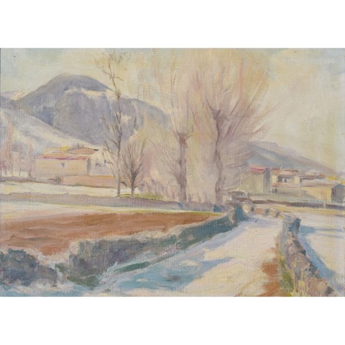 Impressionist Snowscape with Village and Mountains