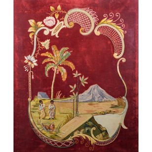 Framed Embroidery Of Oasis And Moun...