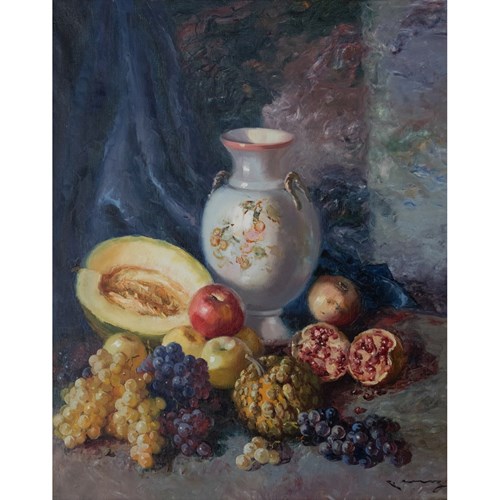 Exotic Mediterranean Fruit And Vase - Signed Framed Oil On Canvas