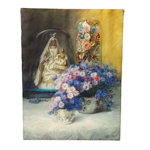 French Napoleonic Oil On Canvas With Religious Figurines And Flowers