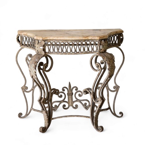 Pair Of Art Deco Marble Top, Wrought Iron Base Console Tables