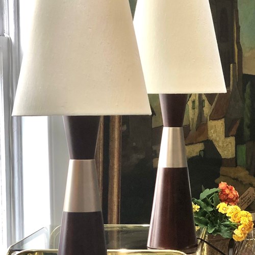 Pair Of 1970S Italian Teak Abnd Chrome Lamps With Original Shades