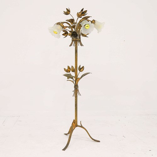 French Decorative Floor Lamp - Toleware And Glass