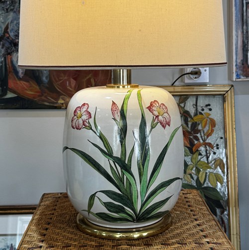 Large Italian Ceramic Lamp With Hand Painted Flowers