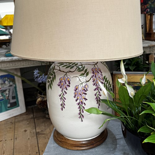 Large Italian Ceramic Table Lamp With Hand Painted Wisteria
