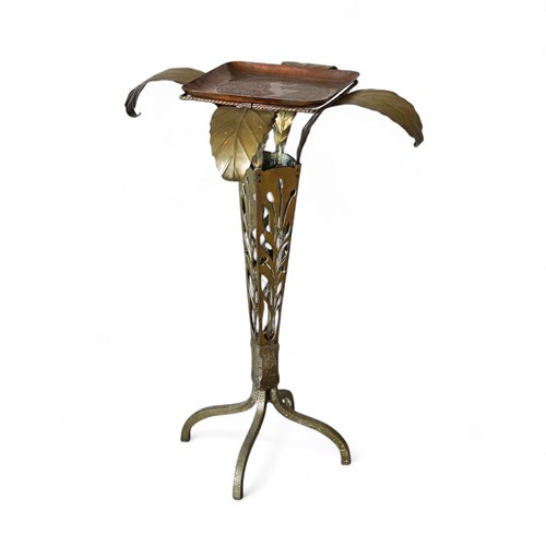 Italian 1920S Art Nouveau Brass Side Table With Engraved Copper Tray