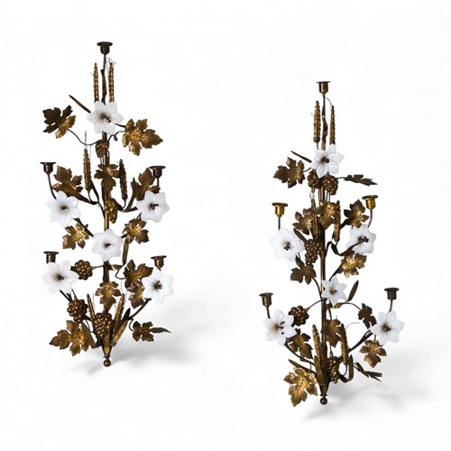 Pair Of French Mid-Century Gilt Metal Wall Sconces With Glass Flowers