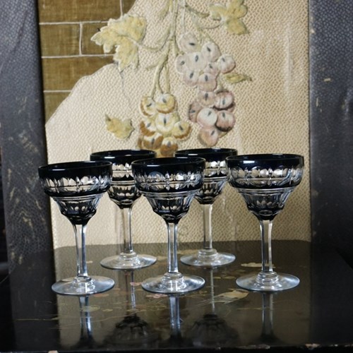 A Set Of Late 19Th Century Clear And Black Flashed Wine Glasses