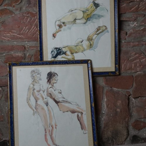 A Pair Of Pencil And Watercolour Female Nudes Sketches In Chinoiserie Frames