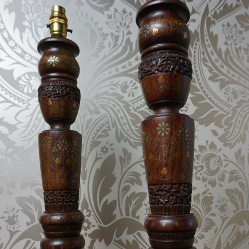 Pair Of Indian Brass Inlaid Table Lamps 