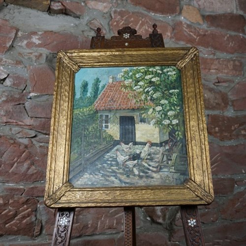 An Original Oil Painting Depicting A Country Cottage With Chickens, 1920S