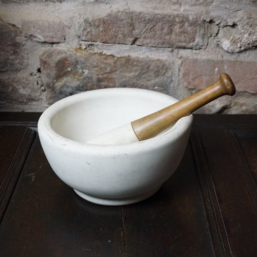 A Large English Apothecary Ceramic And Beech Pestle And Mortar