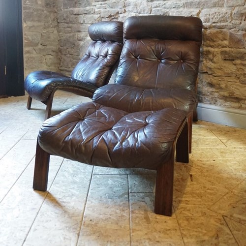 A Pair Of Ry-Wing Lounge Chairs And Matching Ottoman, Rybo Rykken Circa 1970