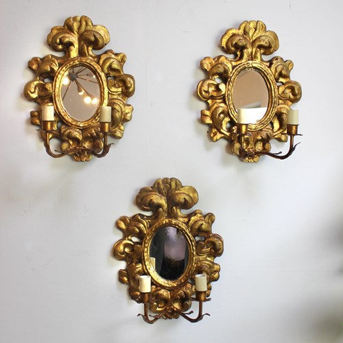 Set Of 3 Early 20Th C Italian Giltwood Mirror Sconces