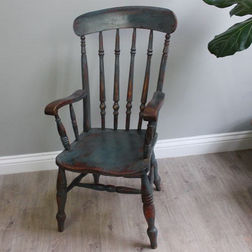 Large Painted Elm Carver Chair With Blue Patina