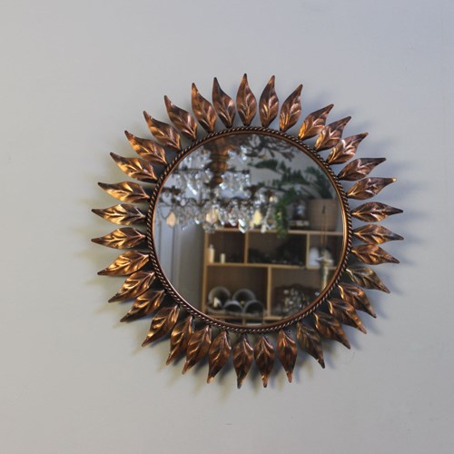 French Metal Circular Copper Toned Mirror With Leaf Decoration