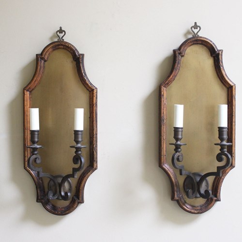 Pair Of French Framed Dark Brass Twin Branch Wall Lights