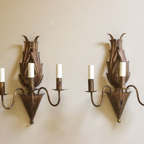 Substantial Pair Of Three Branch Gilt Metal French Wall Lights