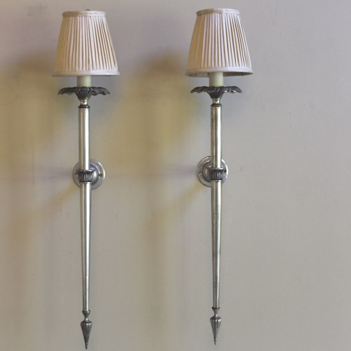 Pair Of French Silver Gilt Torchere Wall Lights And Shades