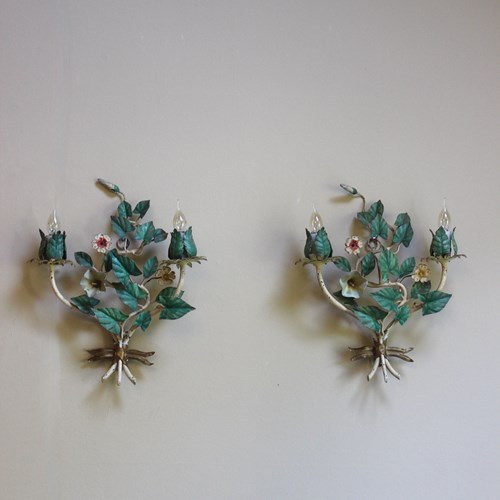 Elegant Pair Of French Ivy Leaf Flat To The Wall Sconces