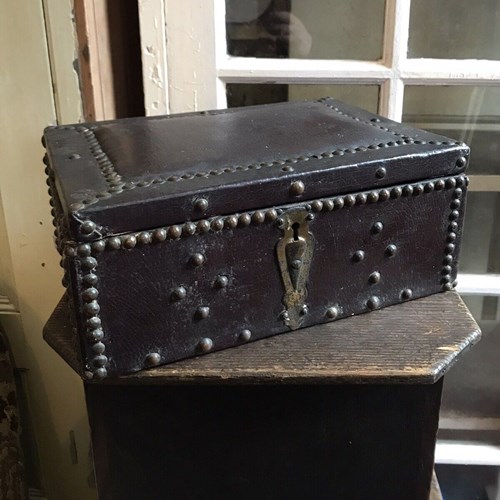 19Th Century Studded Brown Leather Lidded Box