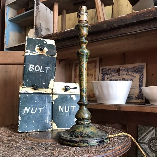 Antique Early 20Th Century Wooden Faux Marble Painted Table Lamp 