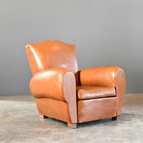 French Moustache Backed Art Deco Leather Armchair Circa 1930S