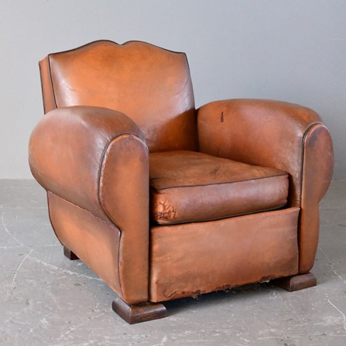 French Moustache Backed Art Deco Leather Armchair Circa 1920S