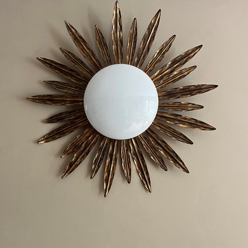 1970’S Gilt Metal And Opaline Wall/Ceiling Light