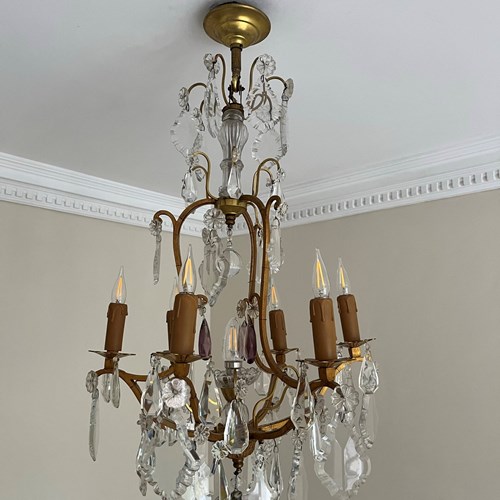 French 1950’S Gilt Metal And Glass Chandelier