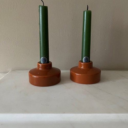 Pair Of Vintage Glazed Ceramic Candlesticks