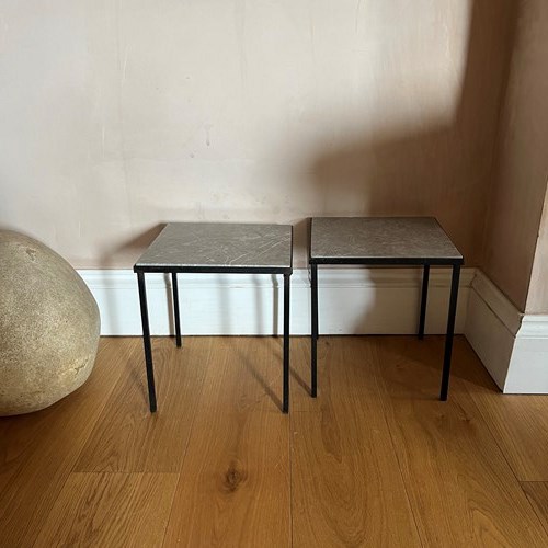 A Pair Of French 1950’S Black Metal And Stone Side Tables