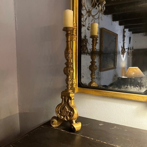 French Early 20Th Century Gilded Wood Pricket Candlestick