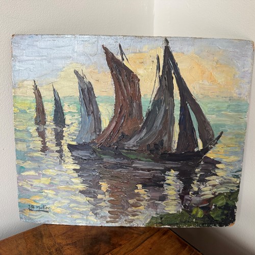 French Small Oil Painting On Board Of Sail Boats