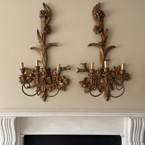Pair Of Exceptional Stunning Gilded Wood Wall Sconces