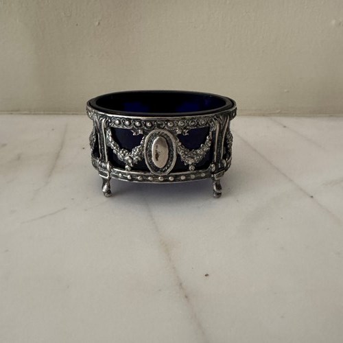 French Louis XVI Silver Metal And Blue Cobalt Glass Salt Cellar