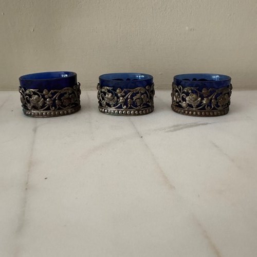 Set Of Three Small French 19Th Century Blue Cobalt Salt Cellars