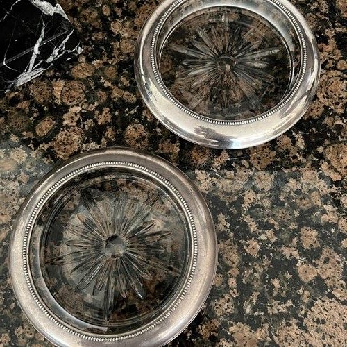 Pair Of Silver And Glass Wine Coasters