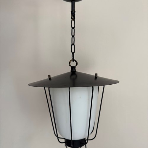 French 1950’S White Glass And Black Metal Pendant Light