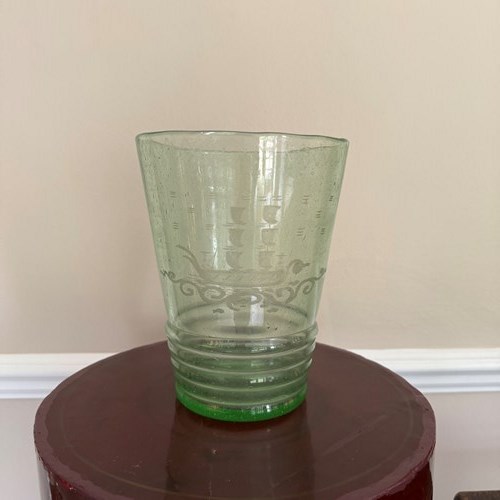 European Etched Green Glass Vase