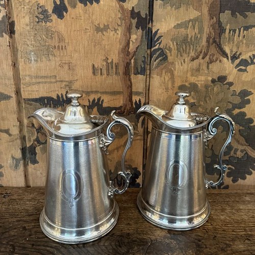 Pair Of Silverplate Large Choc Pots With Acanthus Leaf Handle 