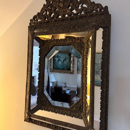 9Th Century French Ornate Brass Repousse Napoléon III Bevelled Mirror