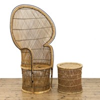 Vintage Wicker Peacock Chair with Wicker Stool