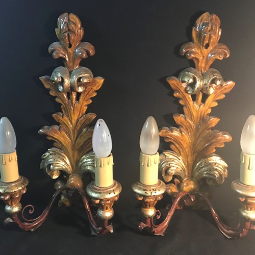 Carved Gilt Wooden Wall Sconces 